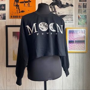 Moon Cropped Black Crew Neck Sweatshirt Celestial Goth Kawaii Tarot Astrology